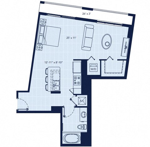 Floor plan for studio, 1 bath, 658 sqft